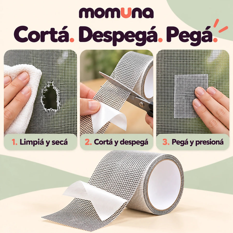 Tres pasos: limpiar y secar, cortar y despegar, pegar y presionar