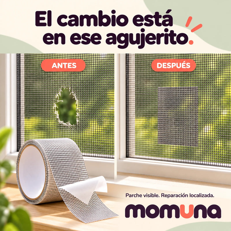 Agujero en el mosquitero y la misma zona con el parche (ilustrativo)